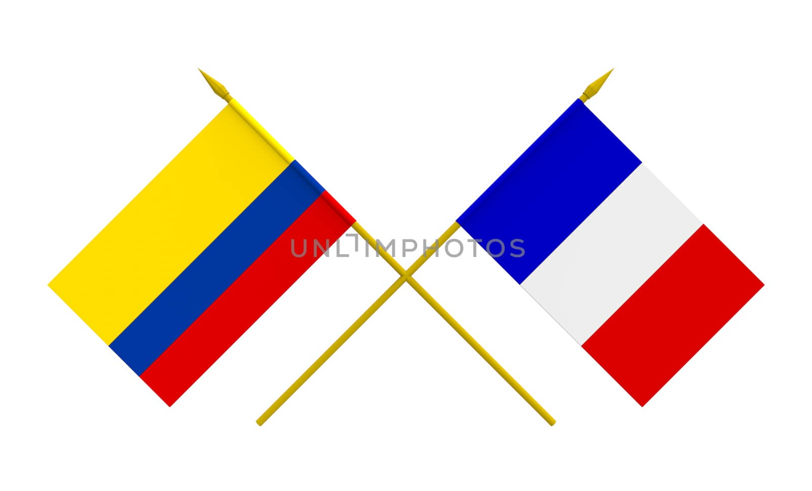 Flags of France and Colombia, 3d render, isolated on white