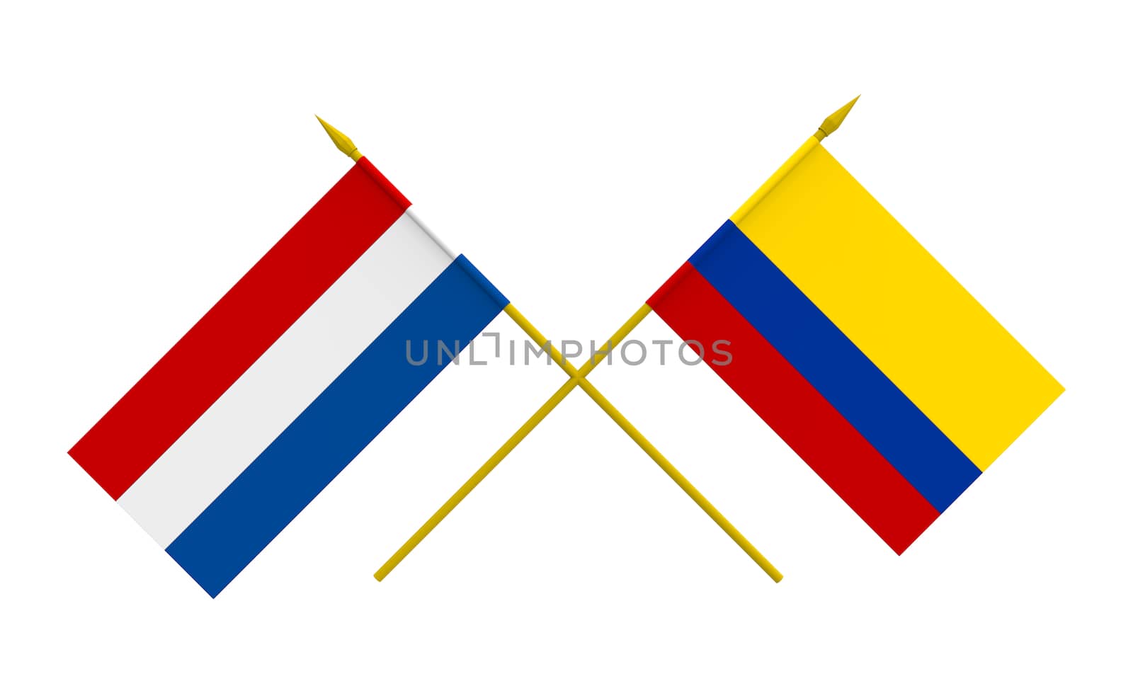 Flags of Colombia and Netherlands, 3d render, isolated on white
