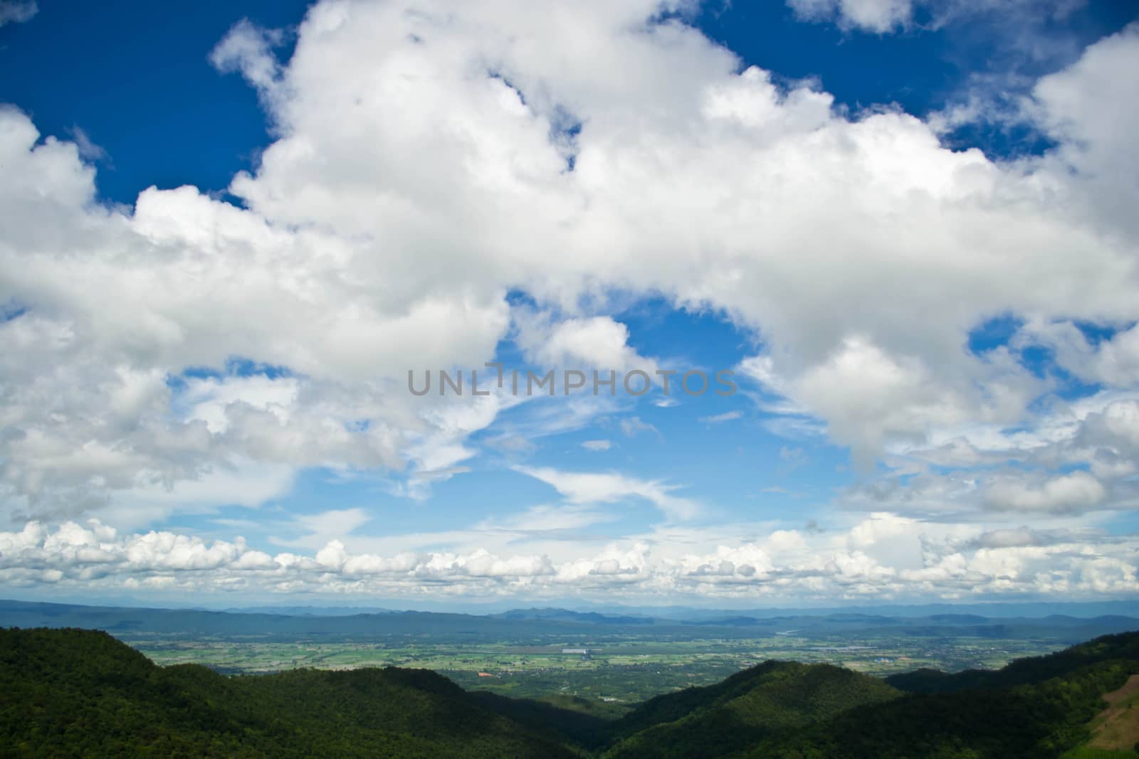 Mountains green grass and blue sky landscape by Thanamat