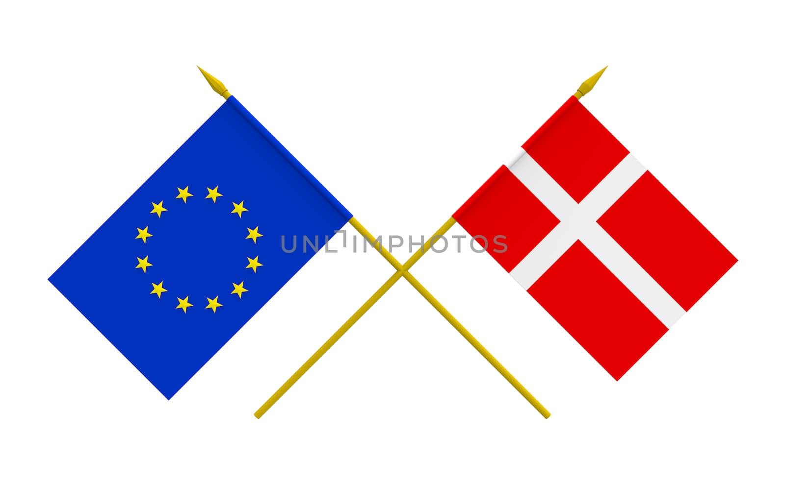 Flags of Denmark and European Union, 3d render, isolated on white