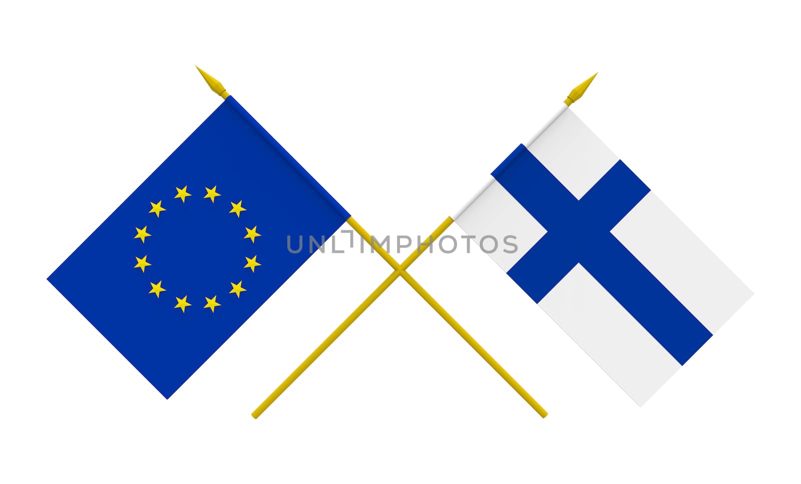 Flags of Finland and European Union, 3d render, isolated on white