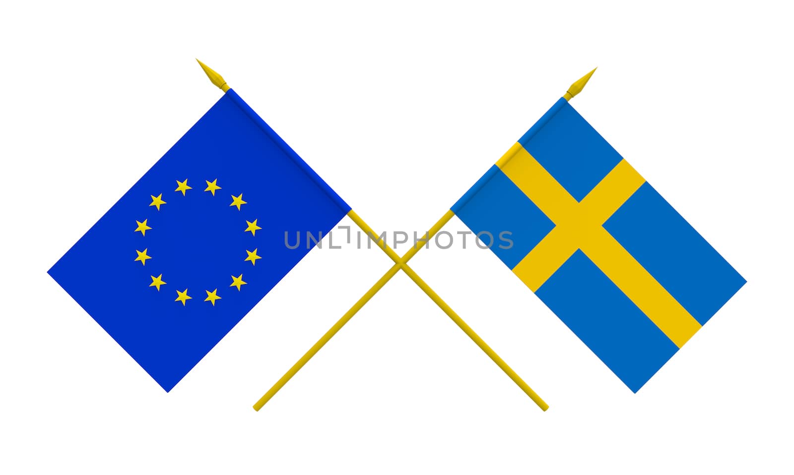 Flags of Sweden and European Union, 3d render, isolated on white