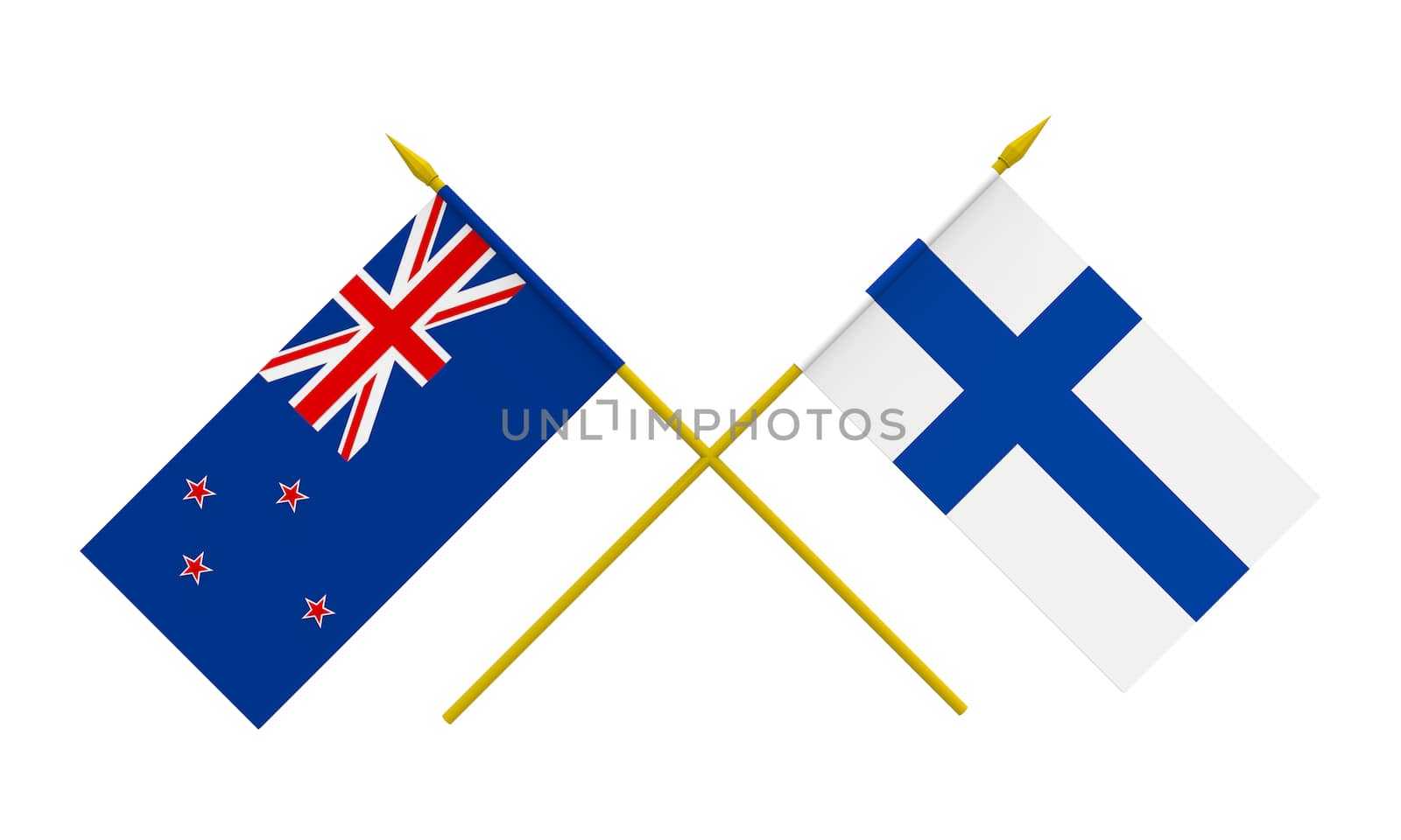Flags of Finland and New Zealand, 3d render, isolated on white