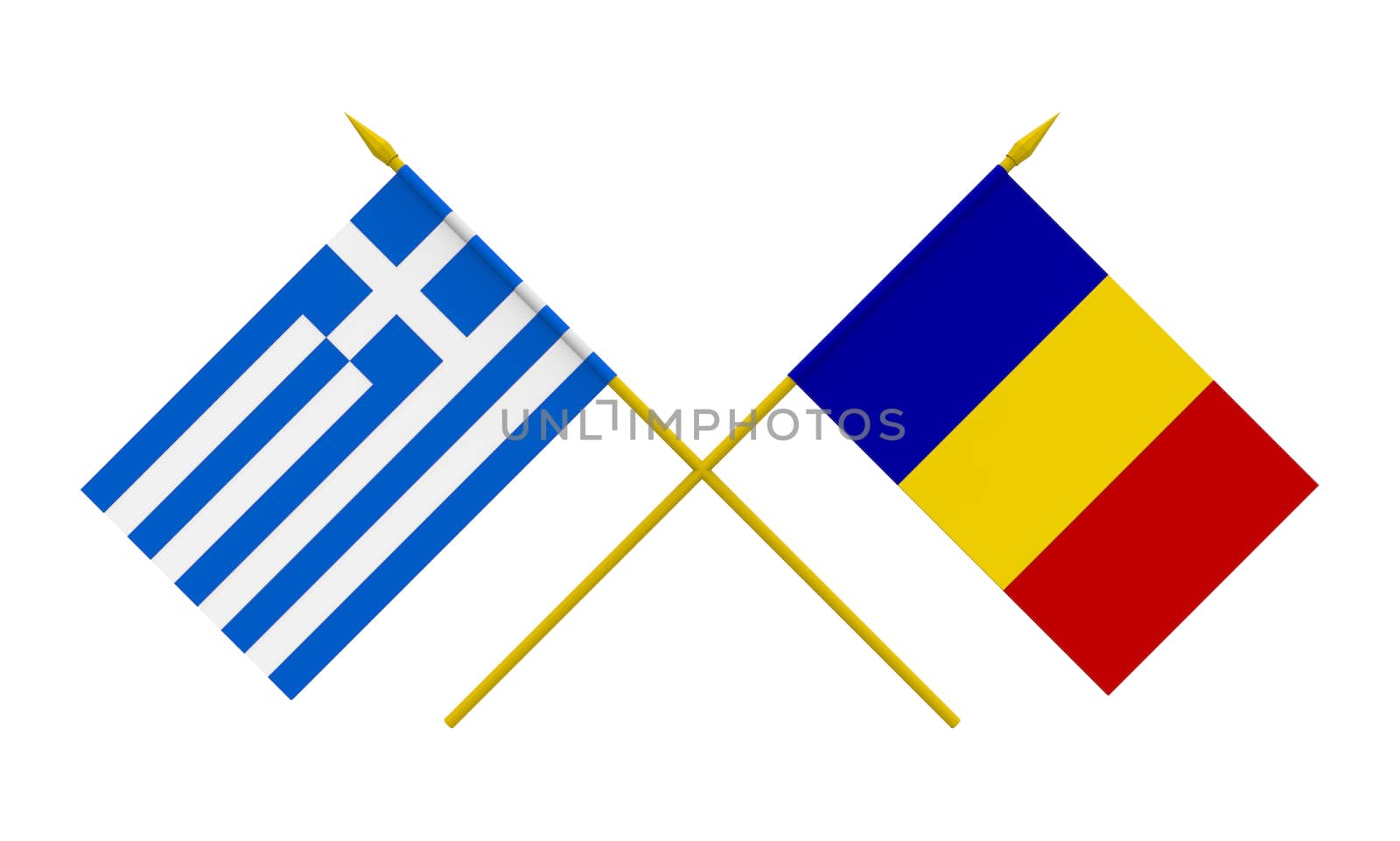Flags of Greece and Romania, 3d render, isolated on white