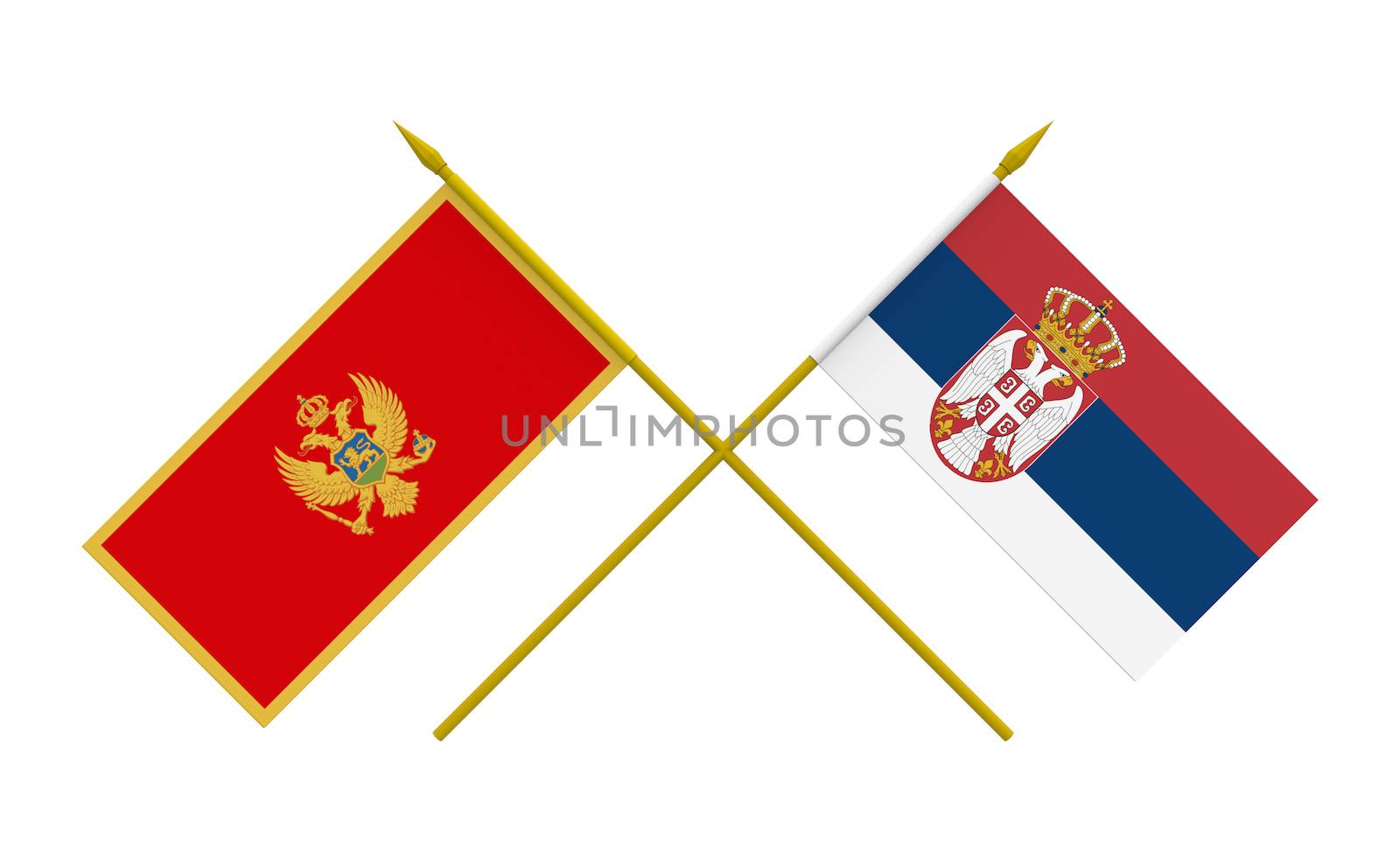 Flags of Montenegro and Serbia, 3d render, isolated on white