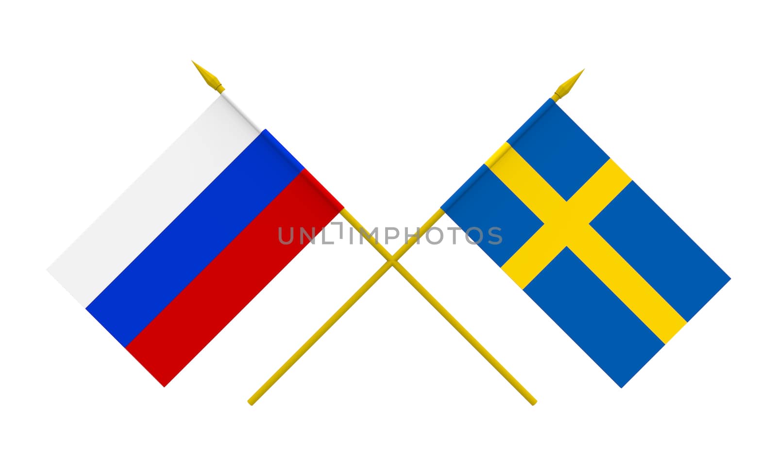 Flags of Sweden and Russia, 3d render, isolated on white