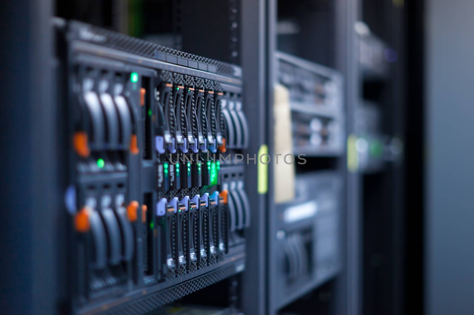 Network servers in a data center. Swallow depth of Field