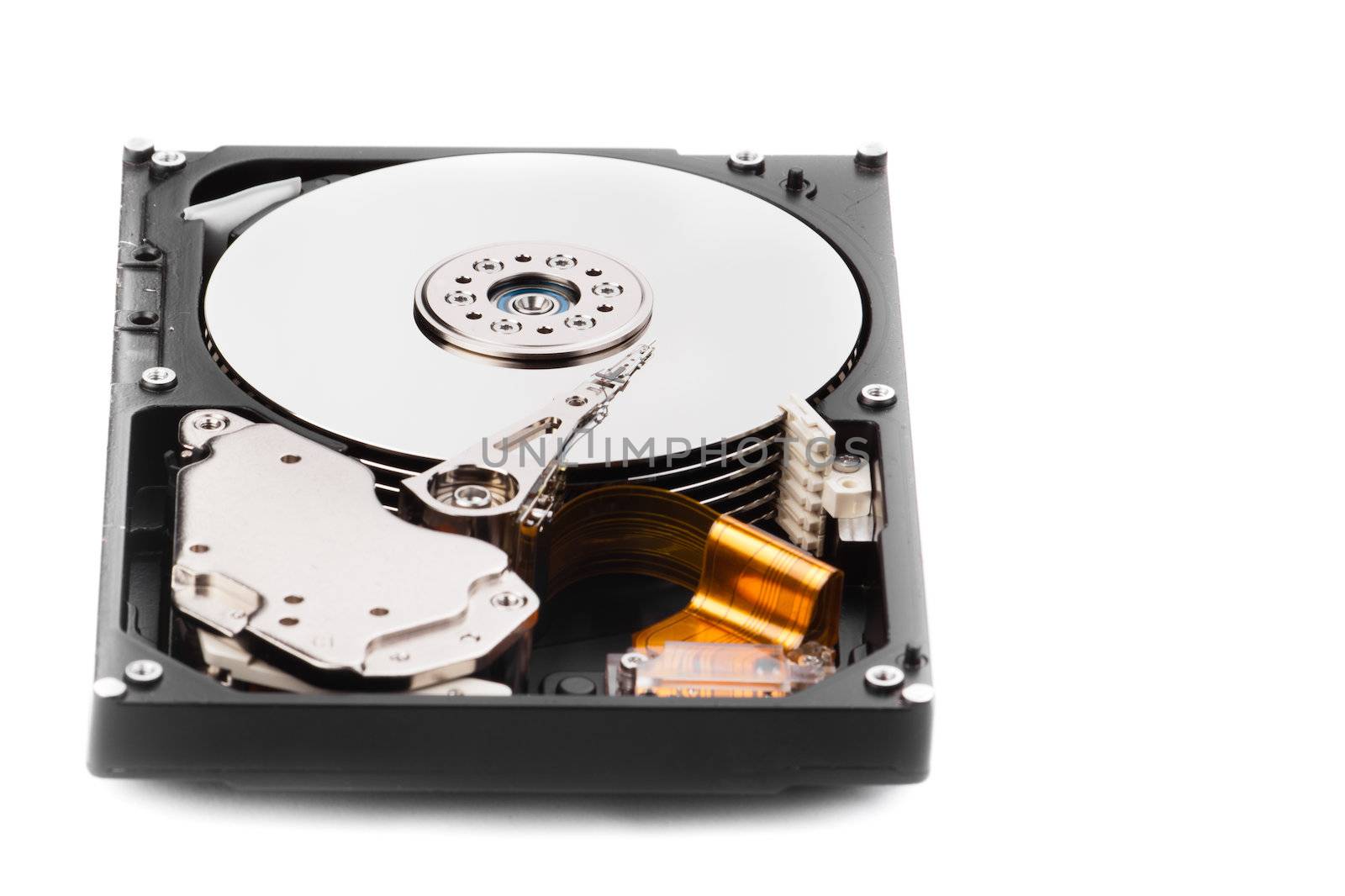 an opened hard disk on white background