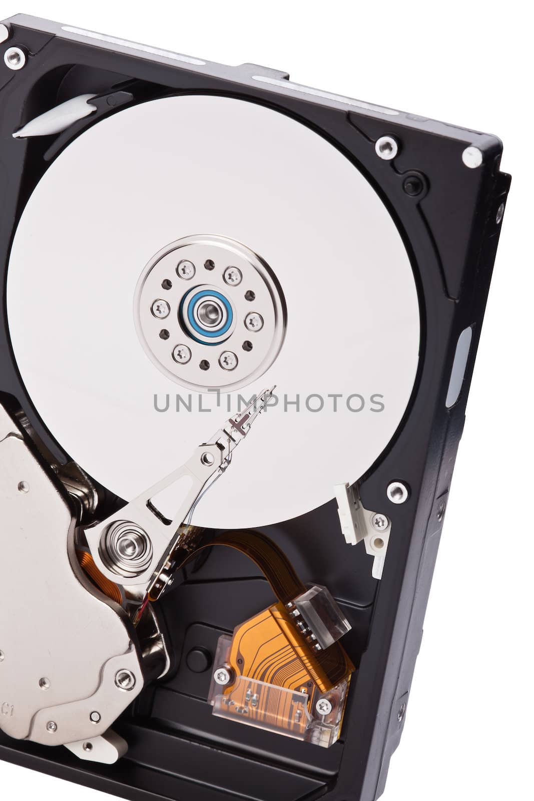 an opened hard disk on white background