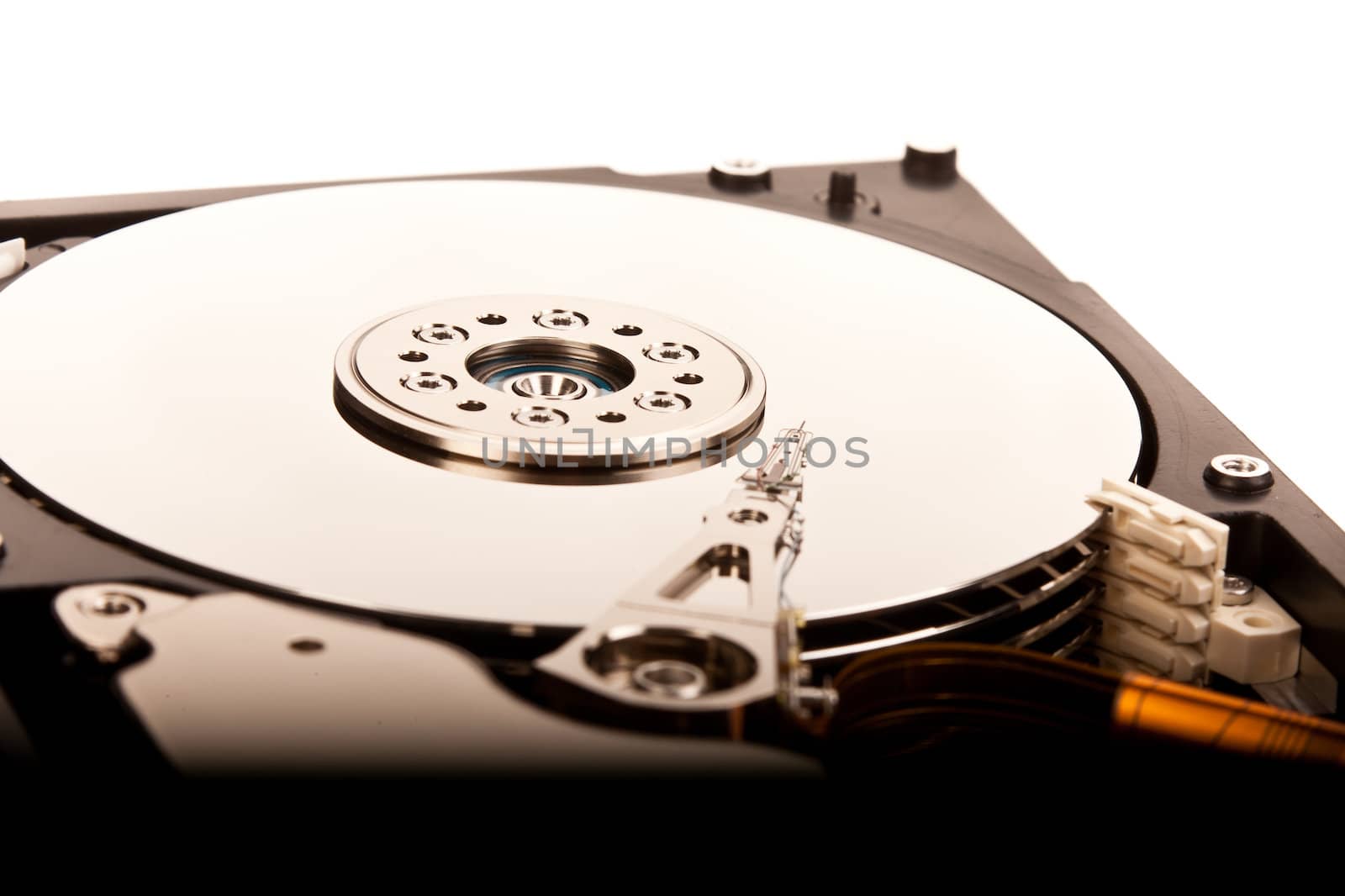 an opened hard disk on white background