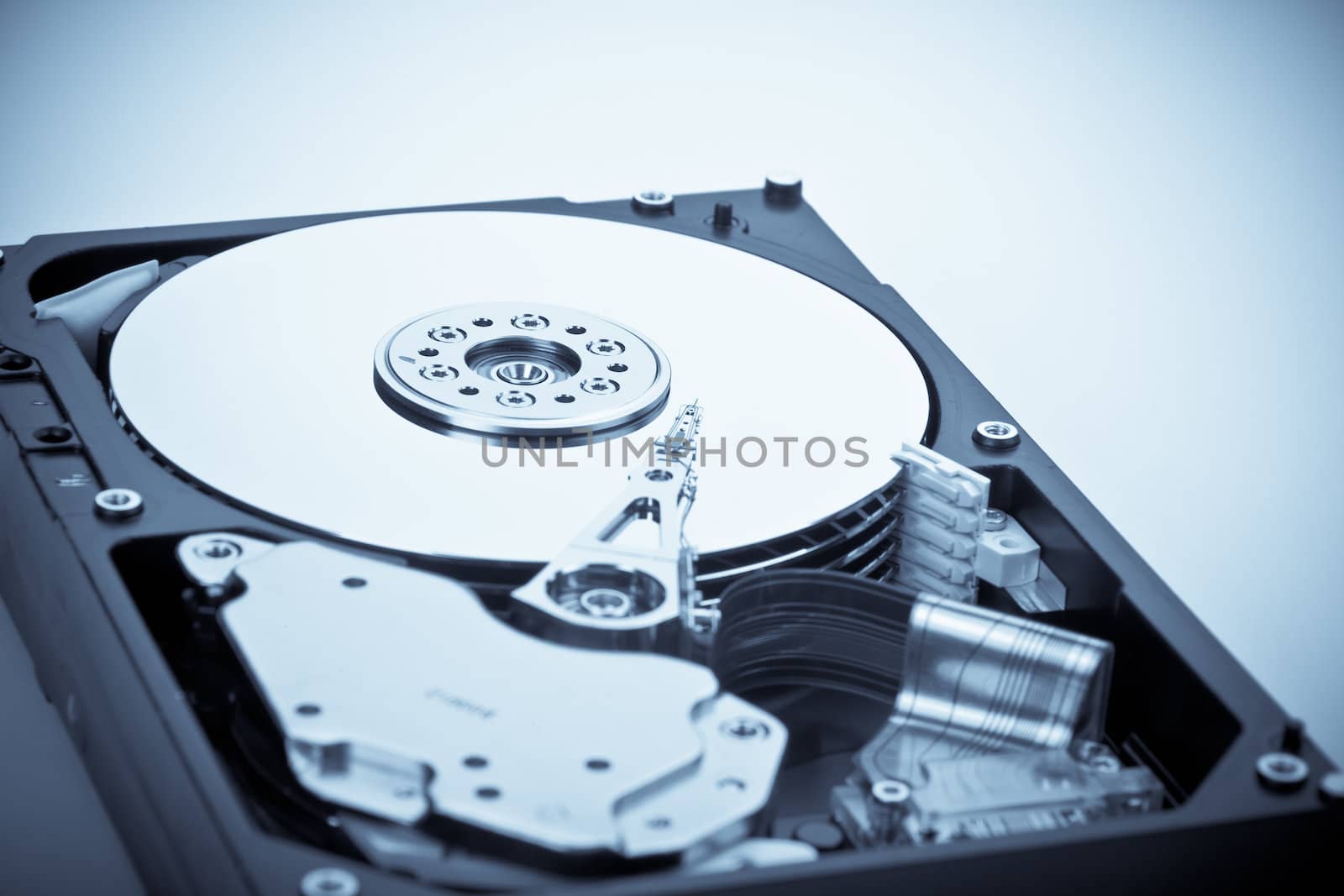 an opened hard disk on white background