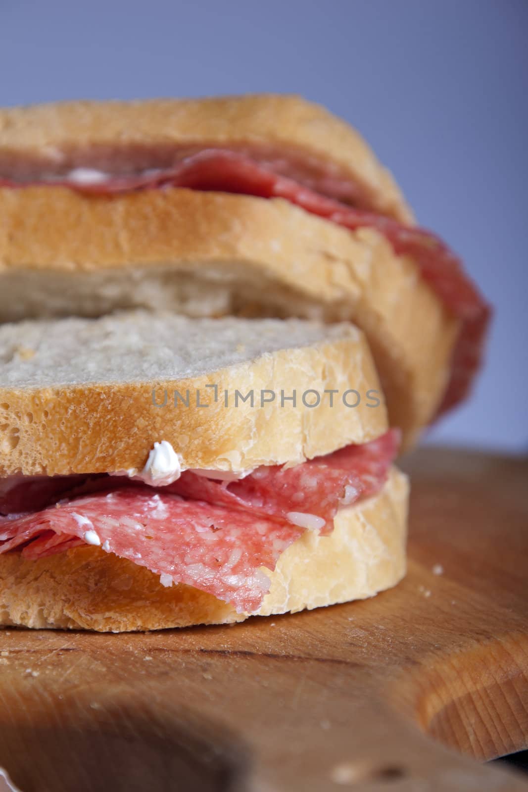 Two Sandwiches with salami and cheese on a wooden cutting board. Swallow Depth of Field