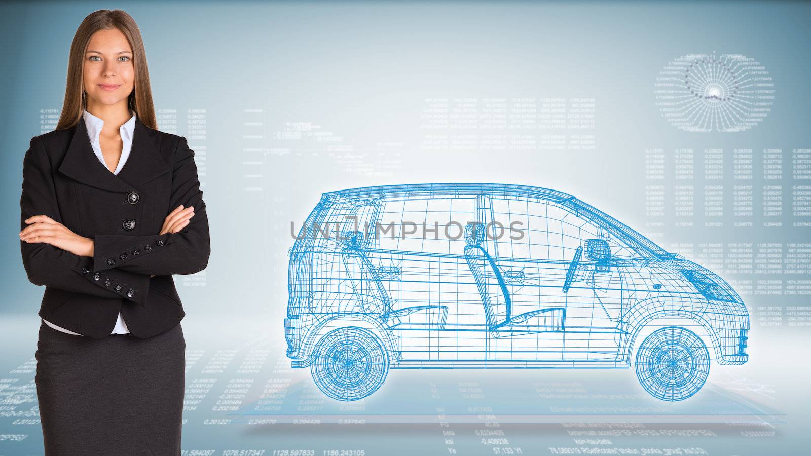 Businesswoman with wire frame car. High-tech graphs at backdrop