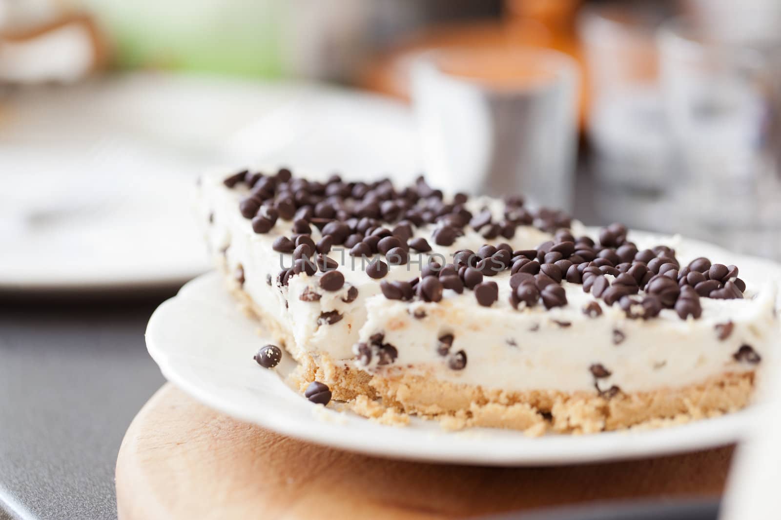 Delicious homemade yochurt cake topped with chocolate pieces