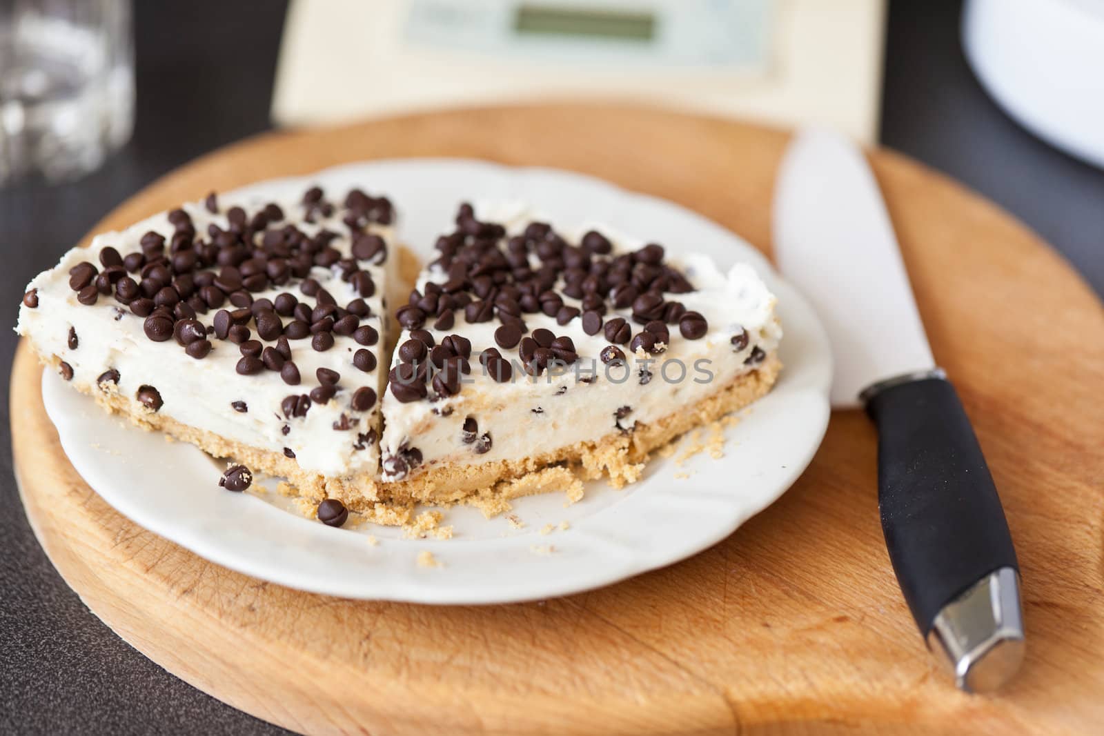 Delicious homemade yochurt cake topped with chocolate pieces