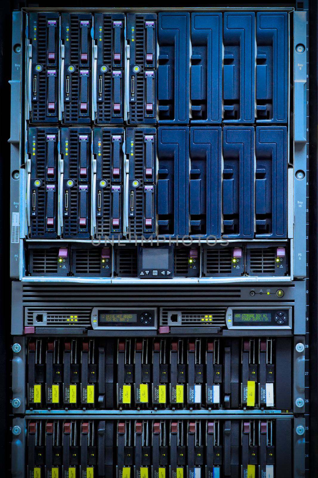 Network servers in a data center. Detail of hard disks