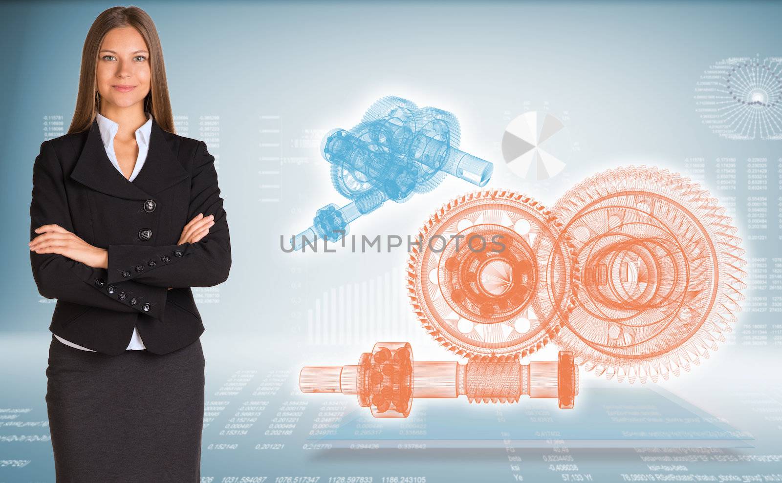Businesswoman with wire frame gears by cherezoff