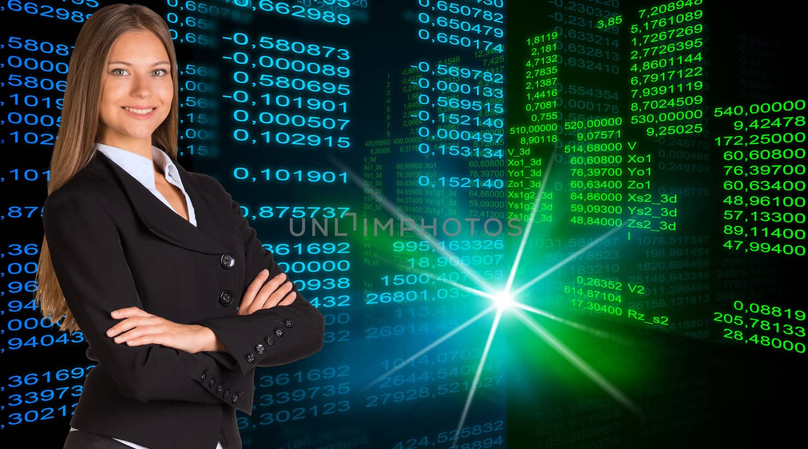 Businesswoman in a suit with background of green and blue glowing figures