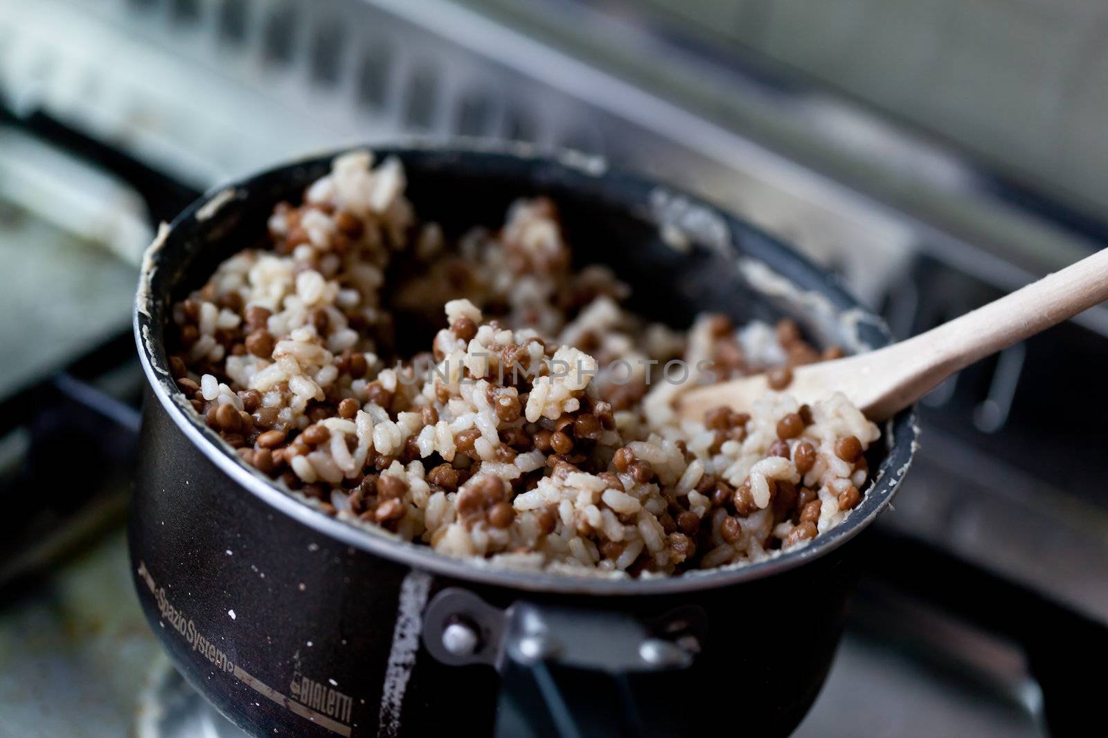 Rice and lentils in a dirty kitchen