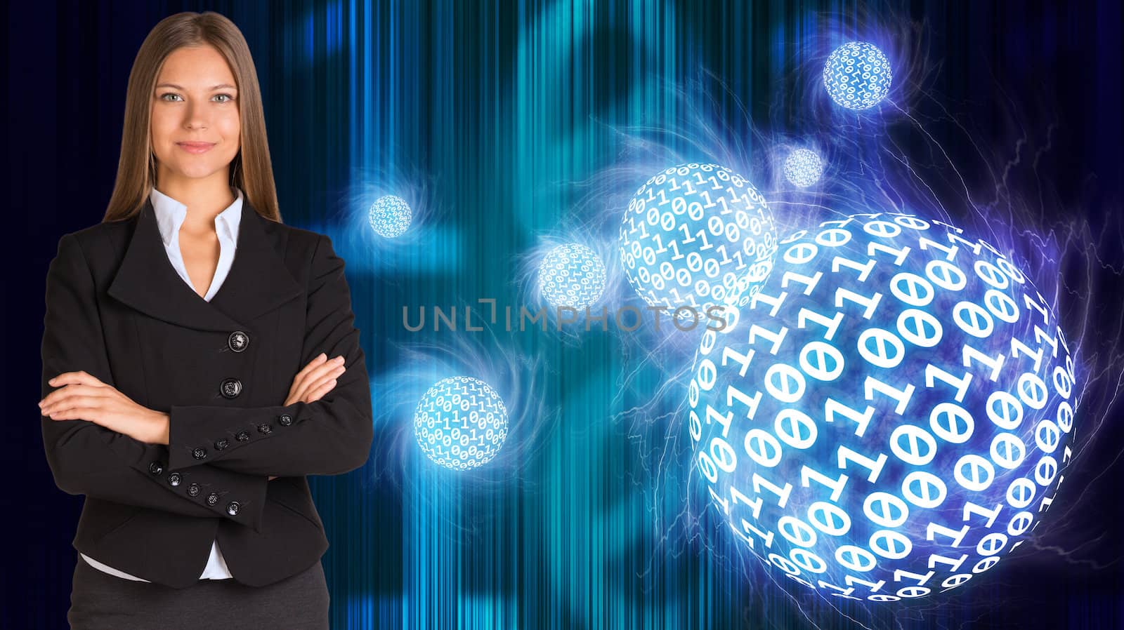 Businesswoman in a suit. Spheres of glowing digits by cherezoff