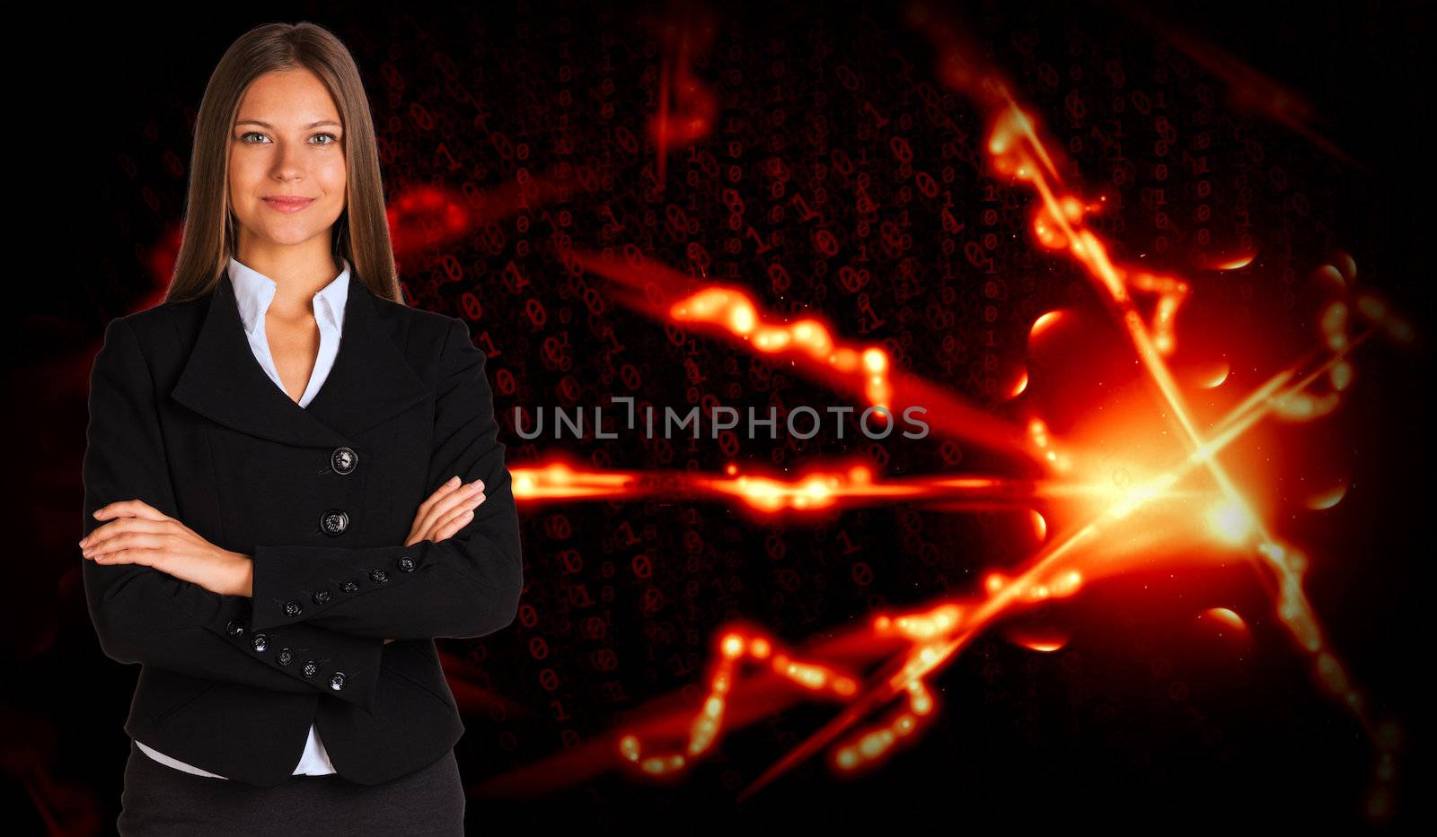 Businesswoman in a suit and glow rays. Business concept