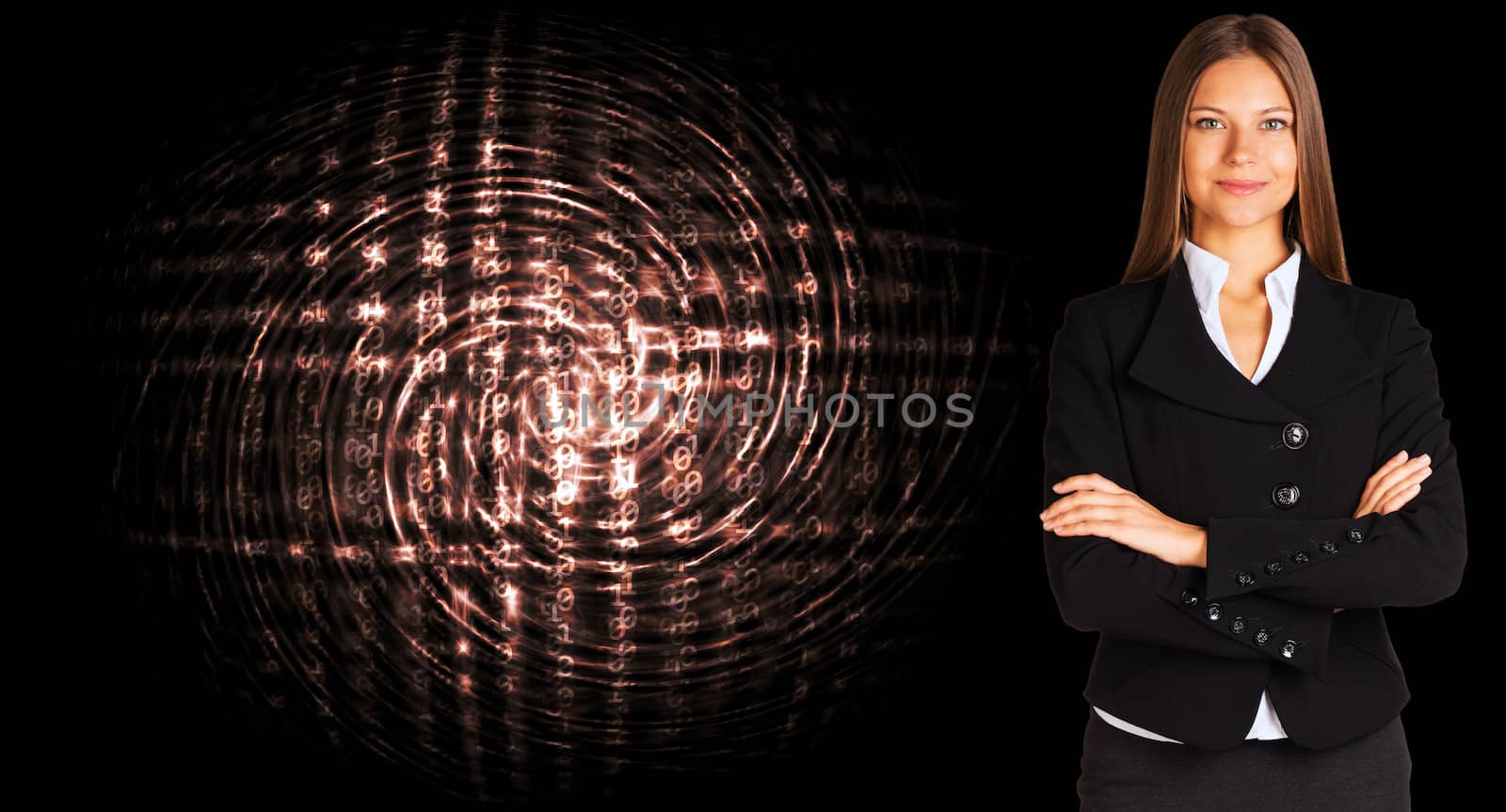 Businesswoman in a suit with background of glowing digital code. Business concept
