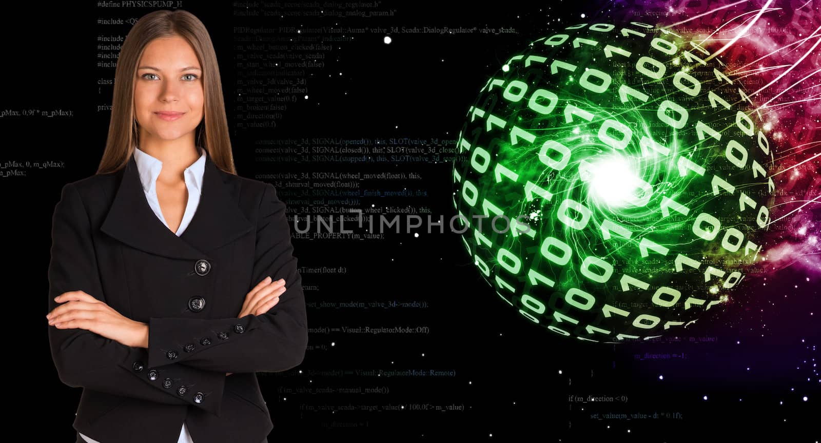 Businesswoman in a suit. Spheres of glowing digits by cherezoff