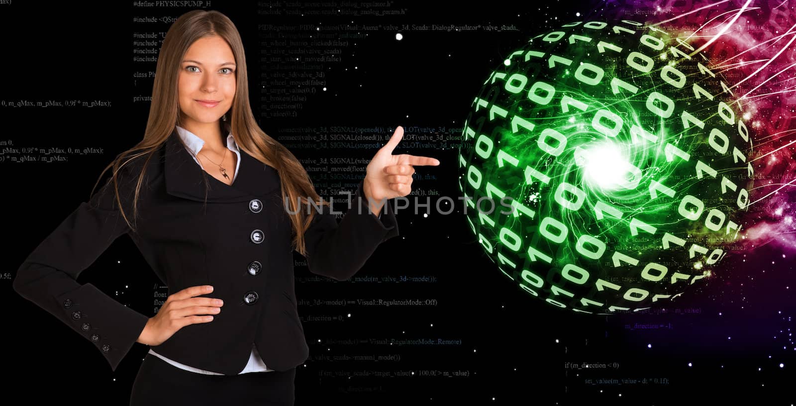 Businesswoman in a suit. Spheres of glowing digits by cherezoff