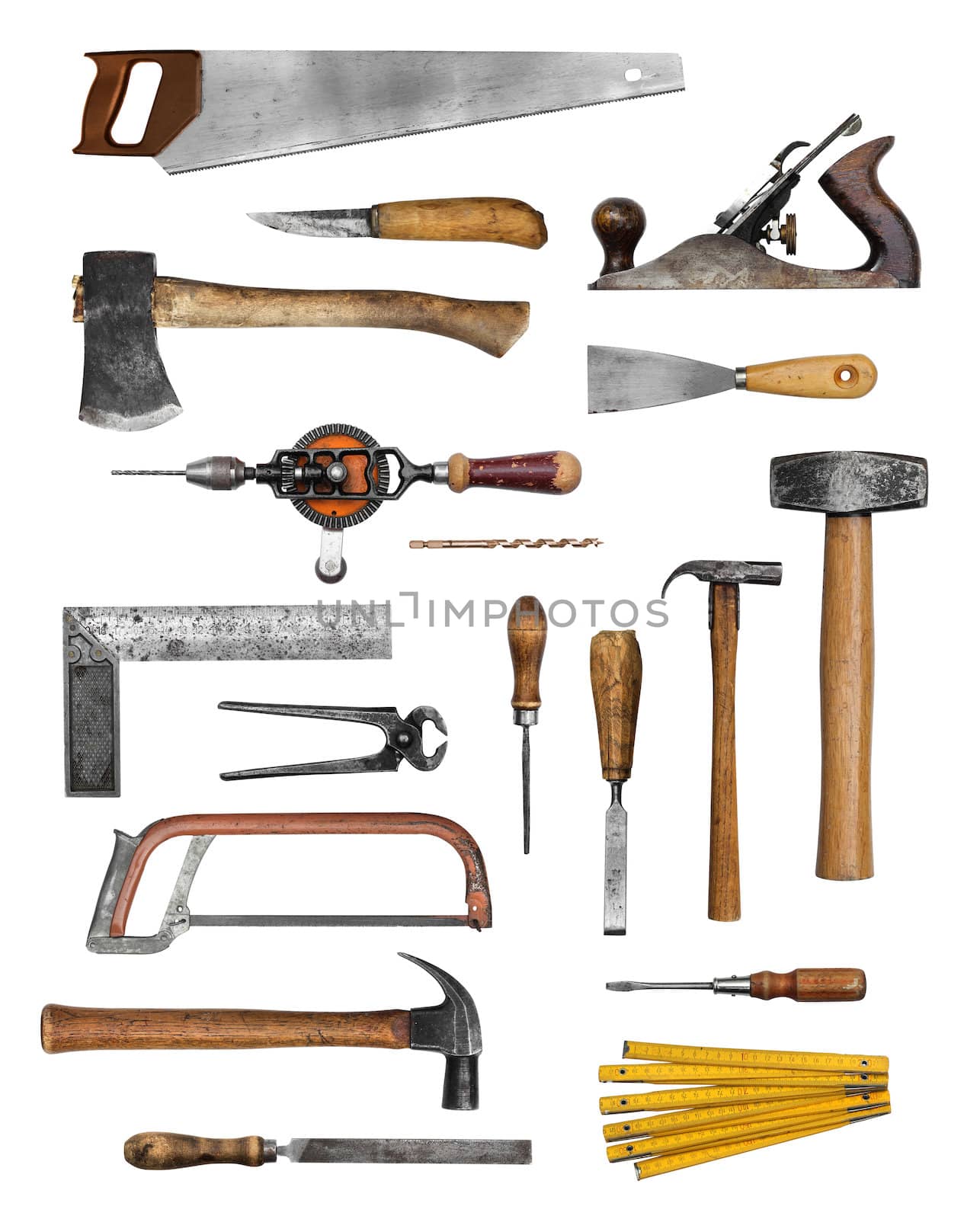 Old carpenter hand tools set collection isolated on white