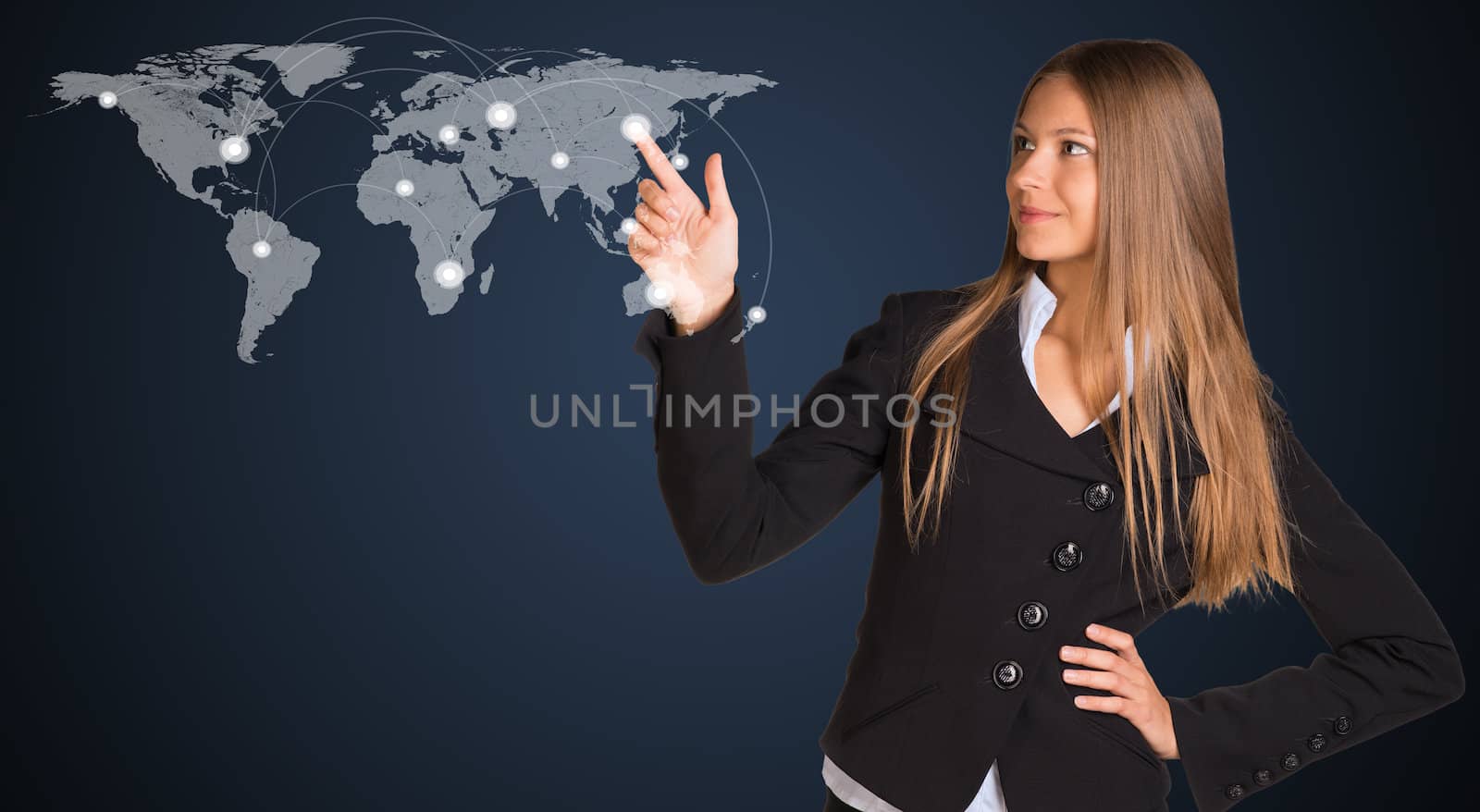 Businesswoman in a suit presses the virtual world map with contacts. The concept of global contacts