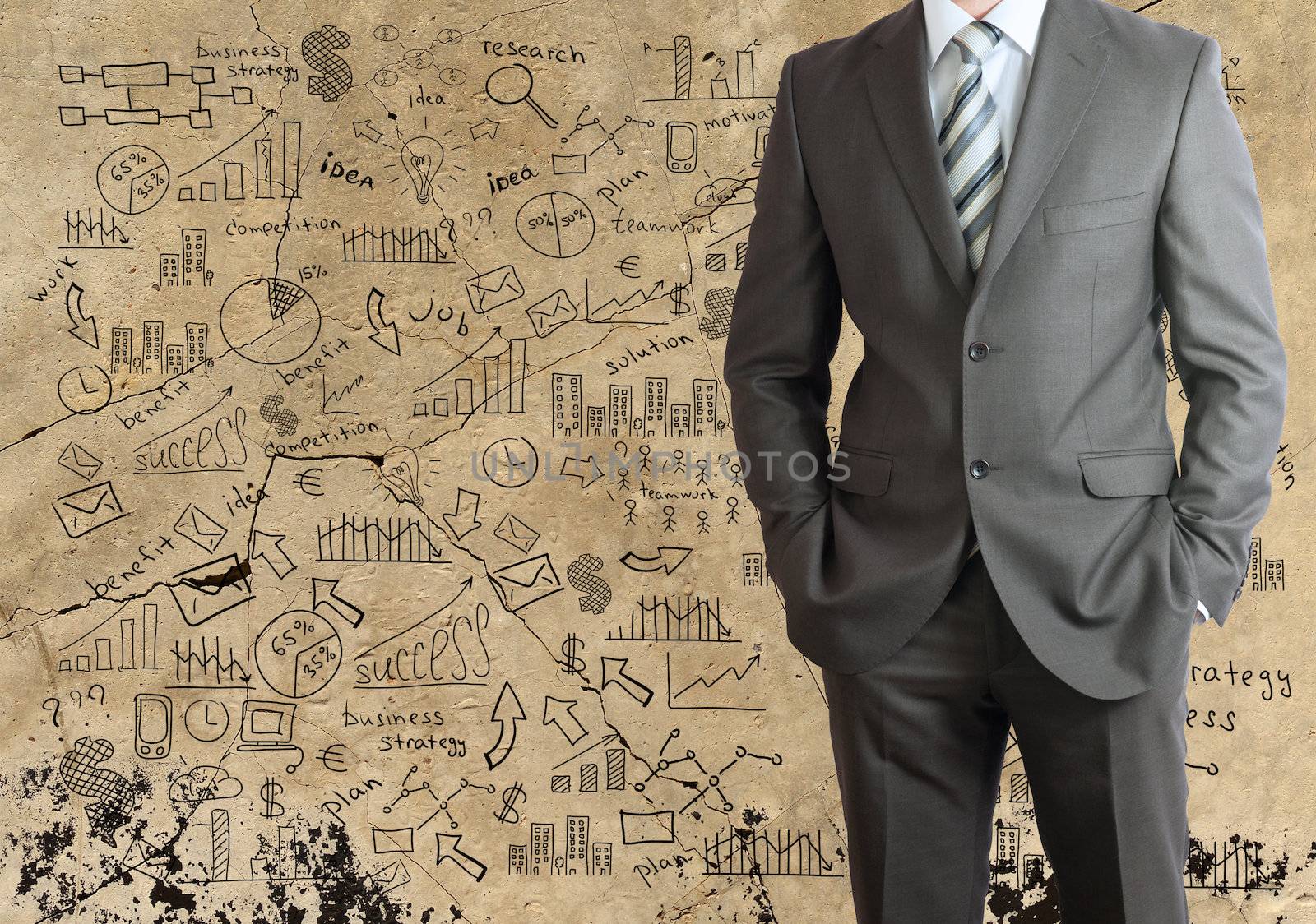 Man in suit and business plan. Business sketches on blue background