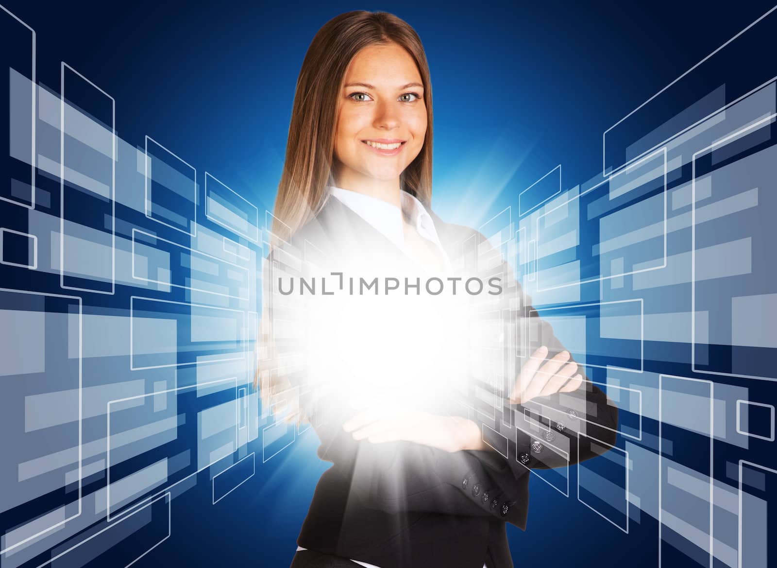 Businesswoman in suit with glowing abstract background. Planes and rays glow