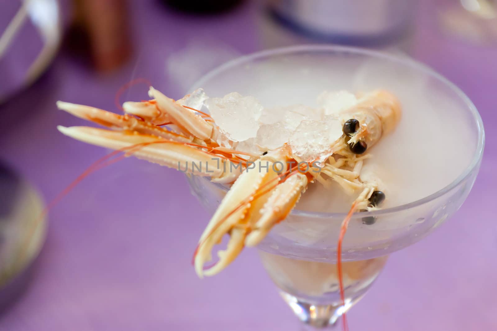a Shrimp cocktail prepared with dry ice