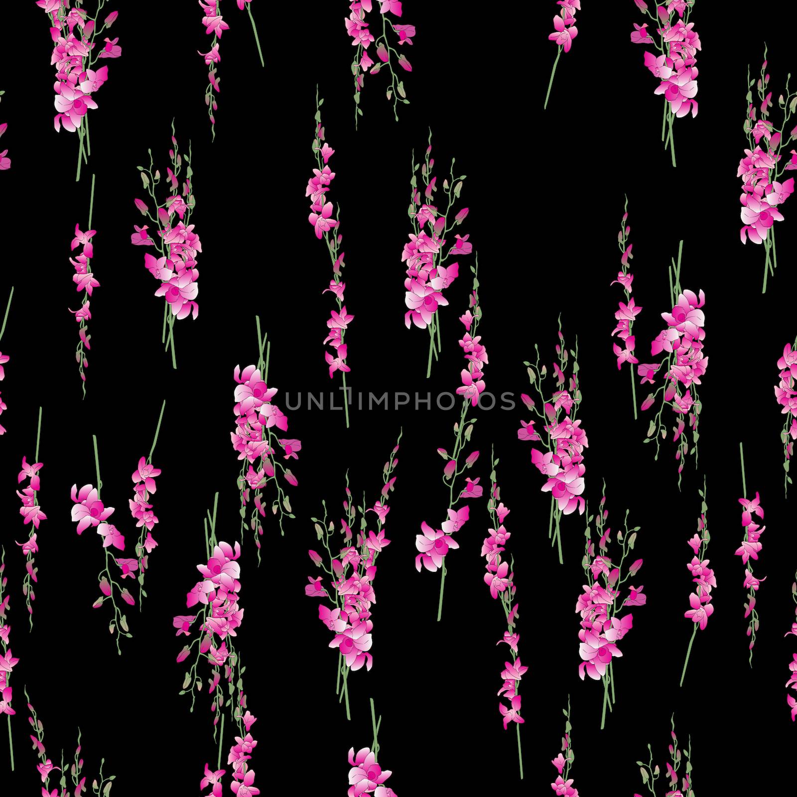 Hand drawn illustration of an orchids seamless pattern over black