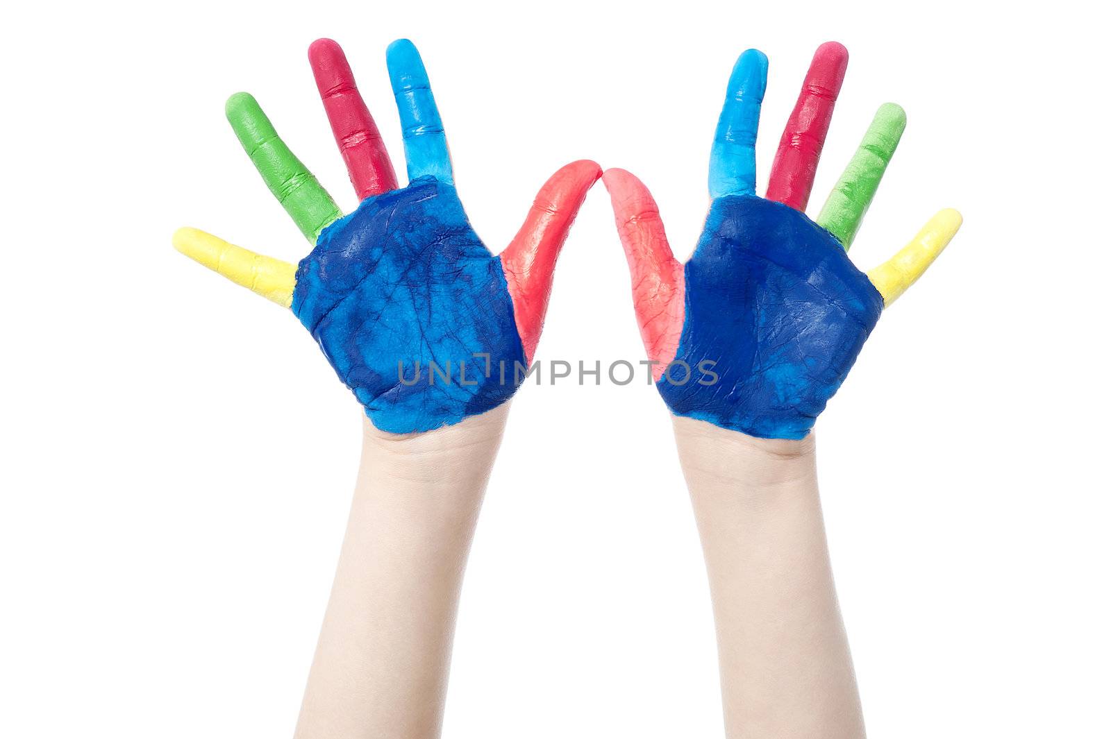 Two painted colorful hands against white background