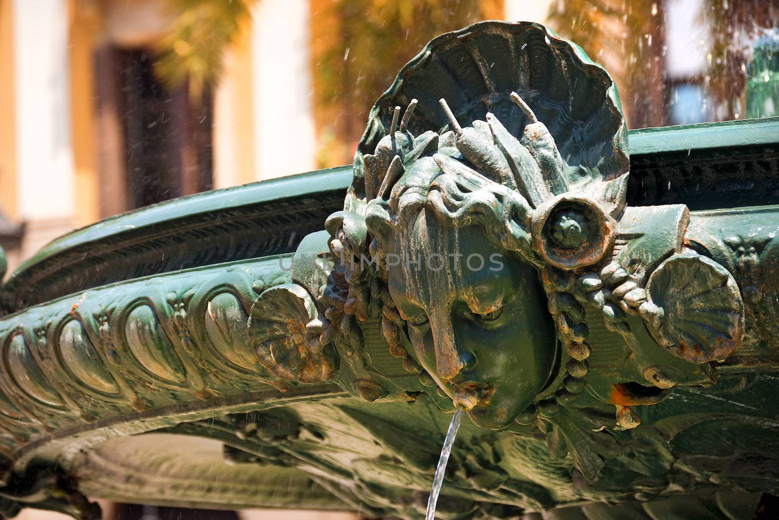 Detail of Fountain in the central Catalunya square (Placa Catalunya) in Barcelona, Spain