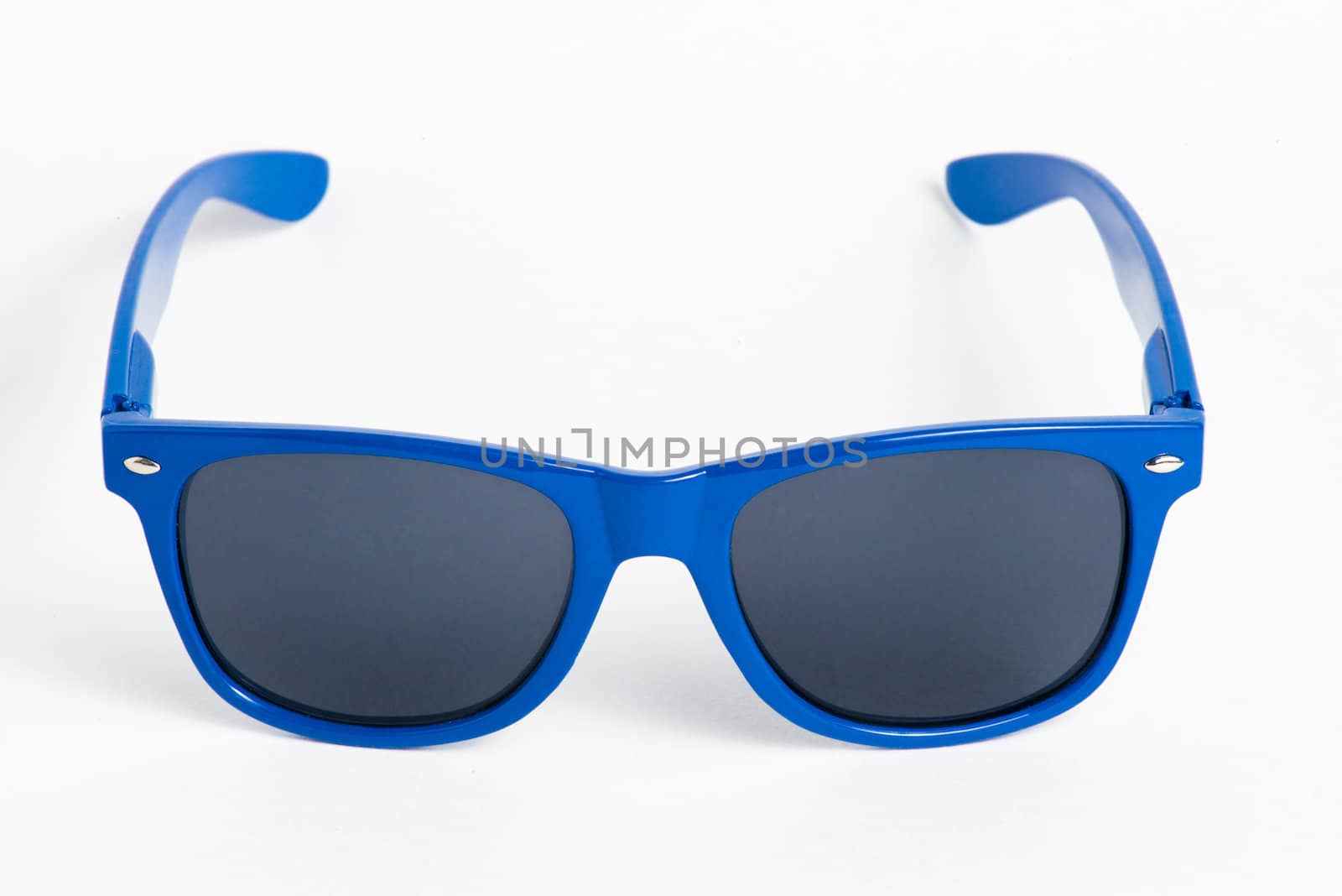 Blue plastic sunglasses isolated on white background