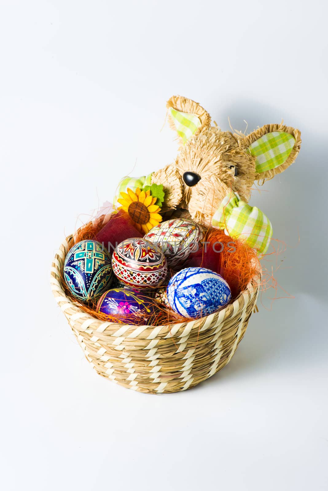 Easter bunny basket with colourfull eggs