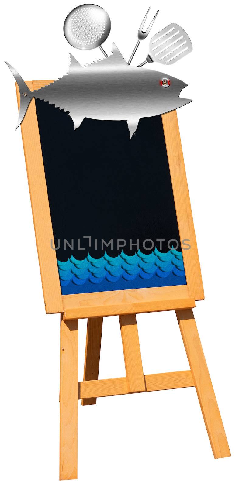 Blank black chalkboard on a wooden easel with kitchen utensils, metal fish and stylized waves. Perfect for a fish menu