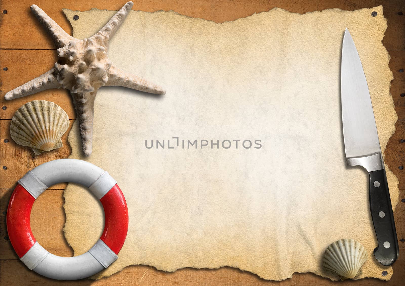 Empty parchment on brown wood wall with kitchen knife, lifebuoy and white and brown starfish, template for recipes or seafood menu