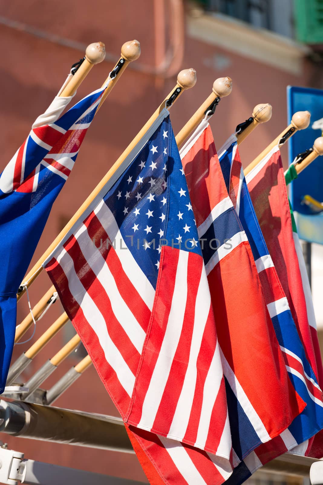USA flag with wooden pole between some flags