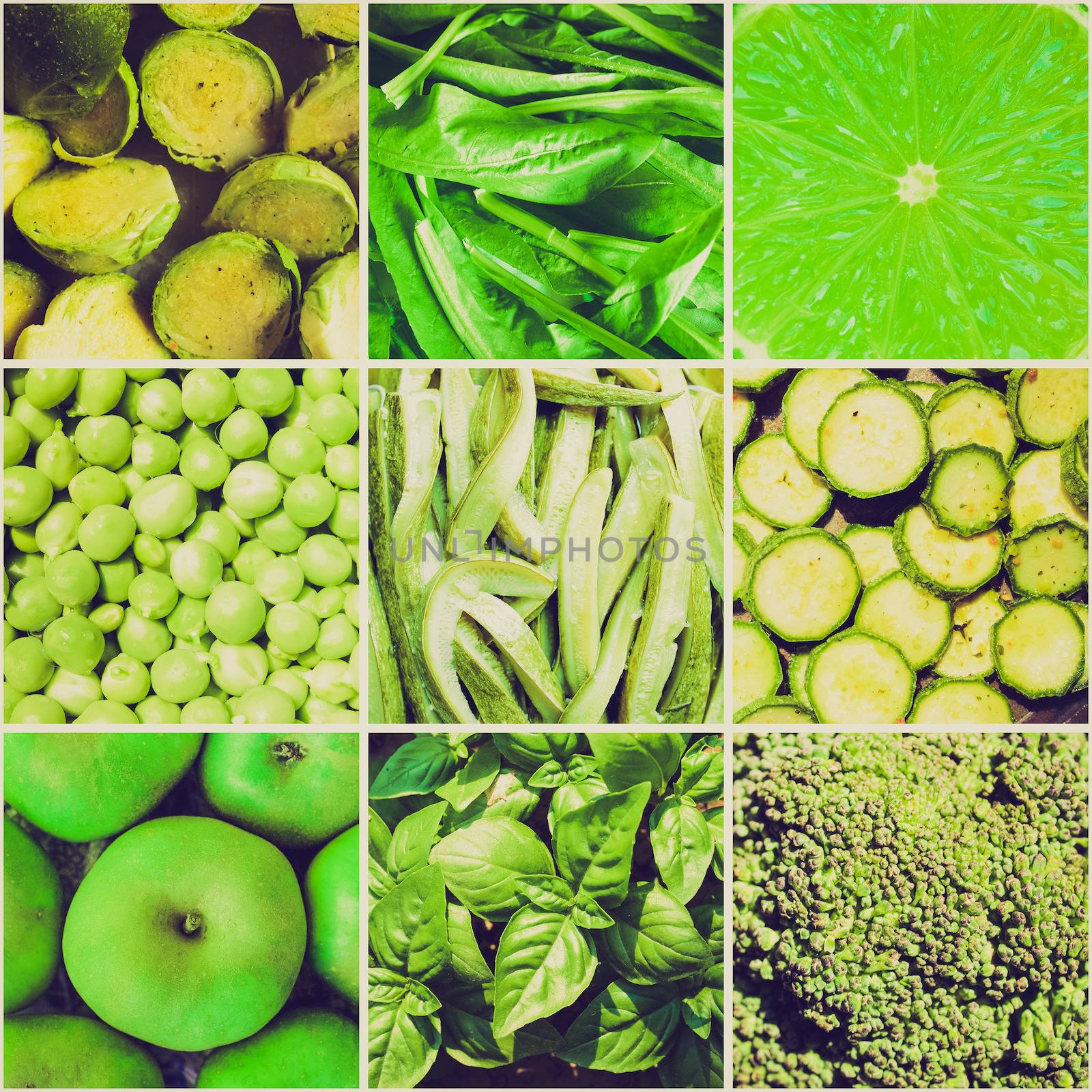 Vintage retro looking Food collage including 9 pictures of green vegetables