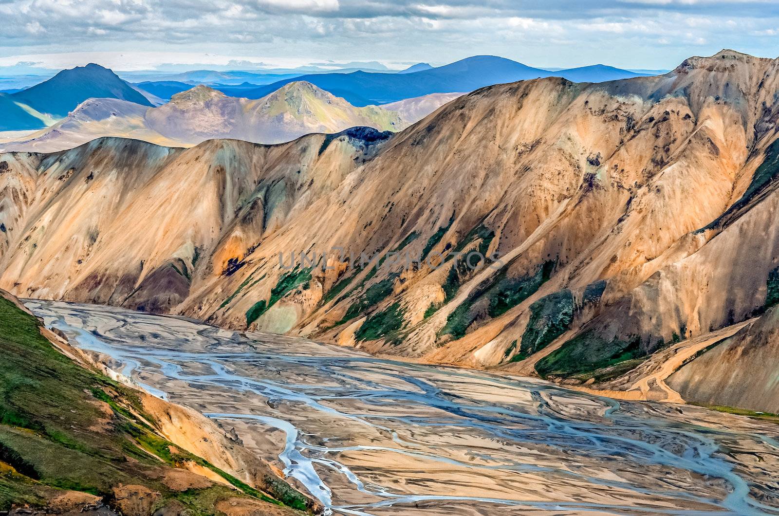 Scenic view of Landmannalaugar colorful mountains and river, Iceland