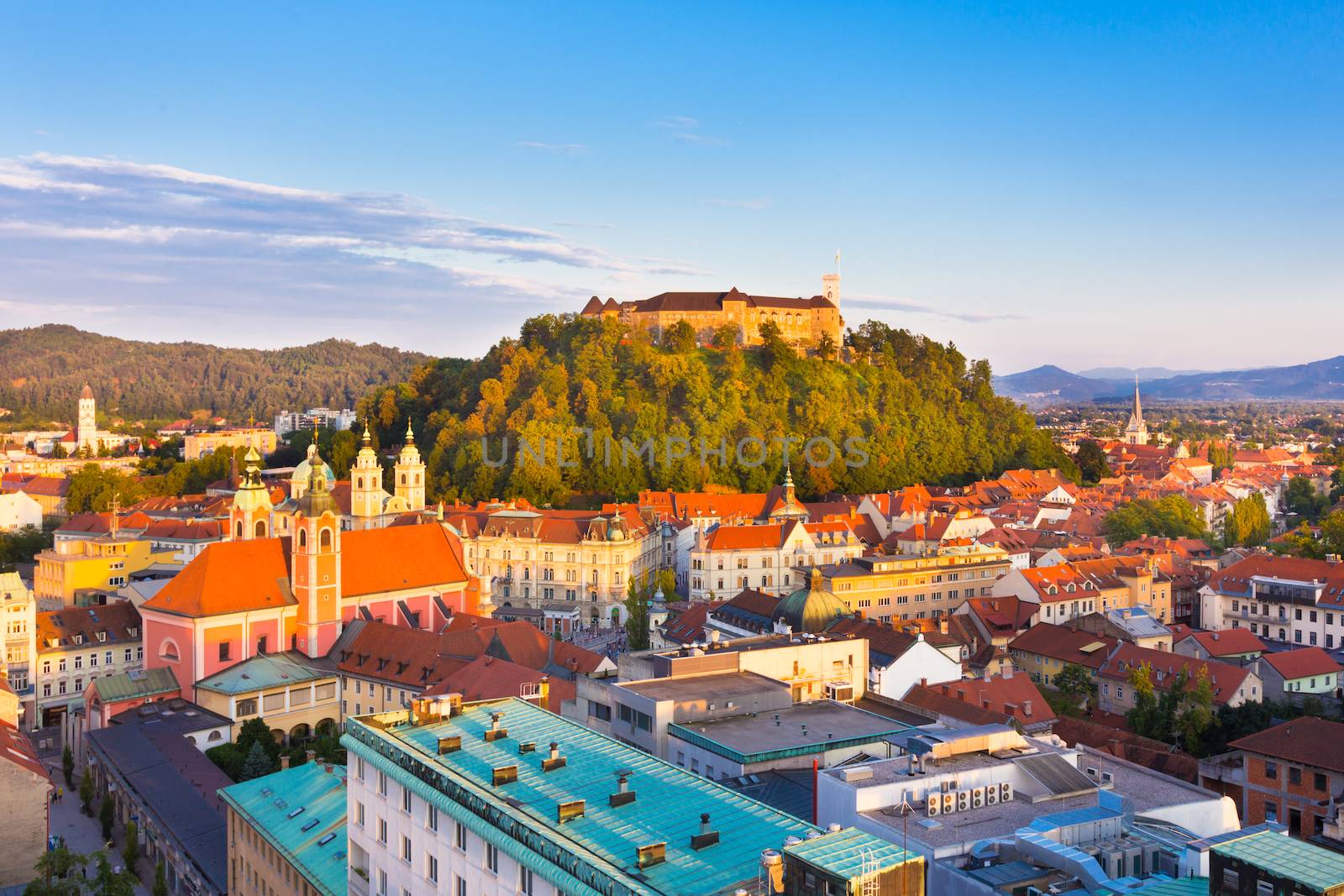 Panorama of the Slovenian capital Ljubljana at sunset.