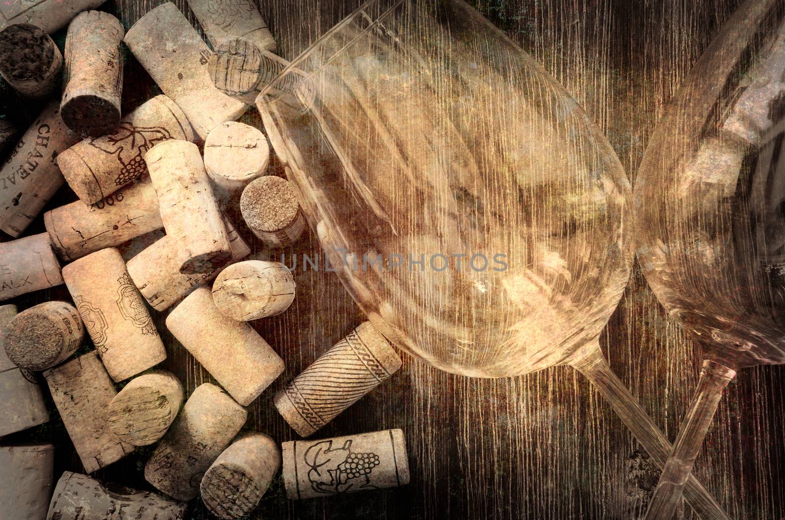Detail of wine glasses and corks in filtered old vintage style