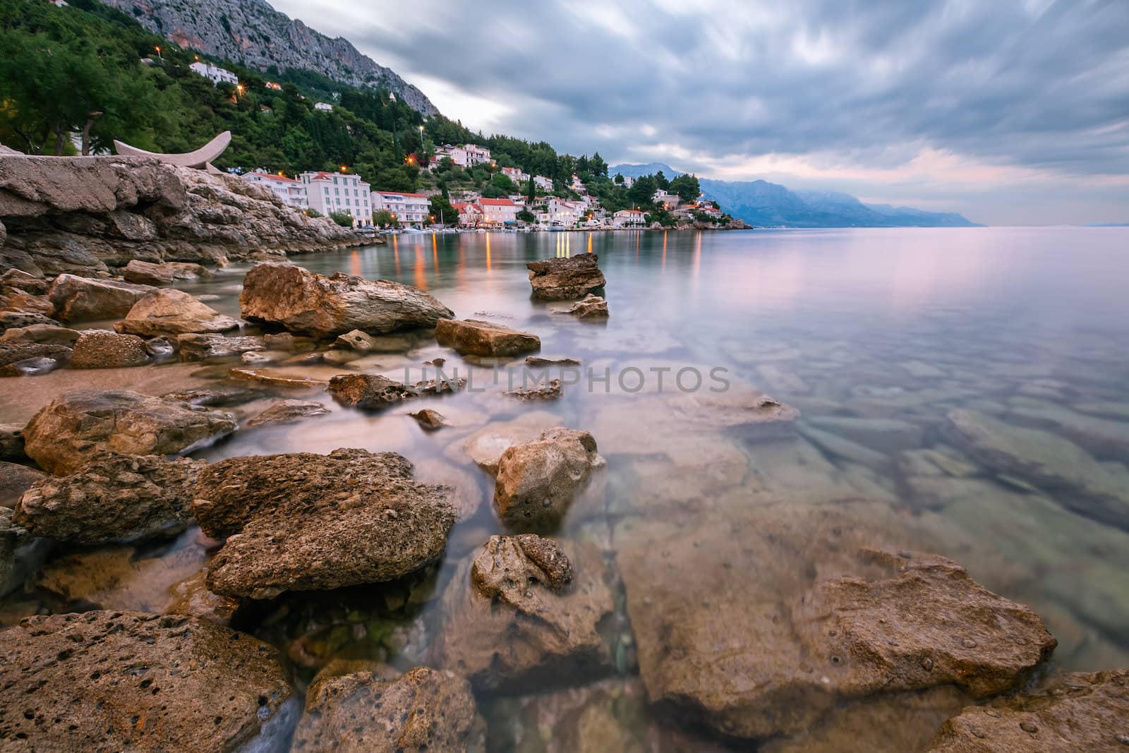 Rocky Beach and Small Village near Omis in the Morning, Dalmatia by anshar