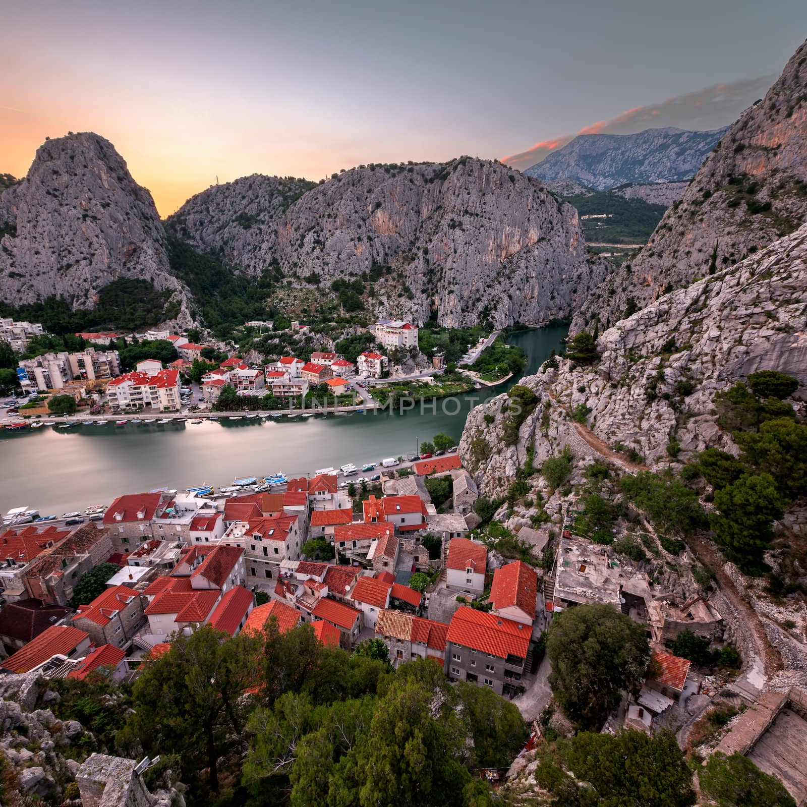 Aerial View on Omis Old Town and Cetina River Gorge, Dalmatia, C by anshar