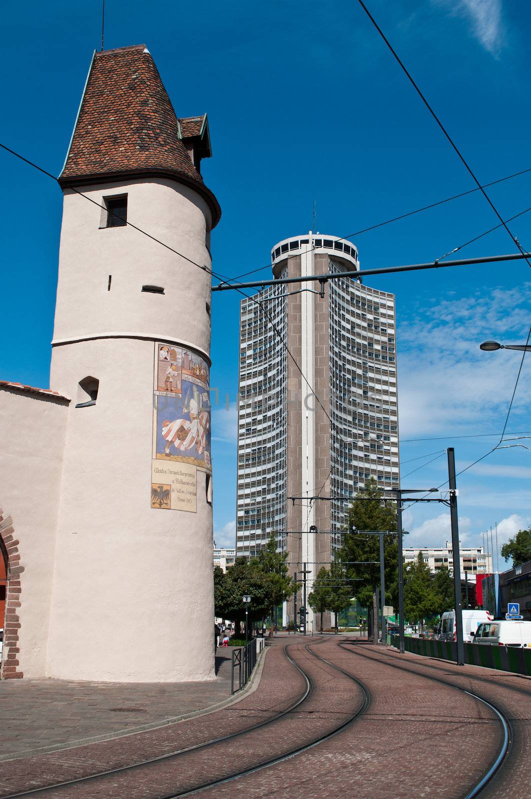 Mulhouse - France - 12 th august 2014 - medieval Bollwerk tower and european tower
