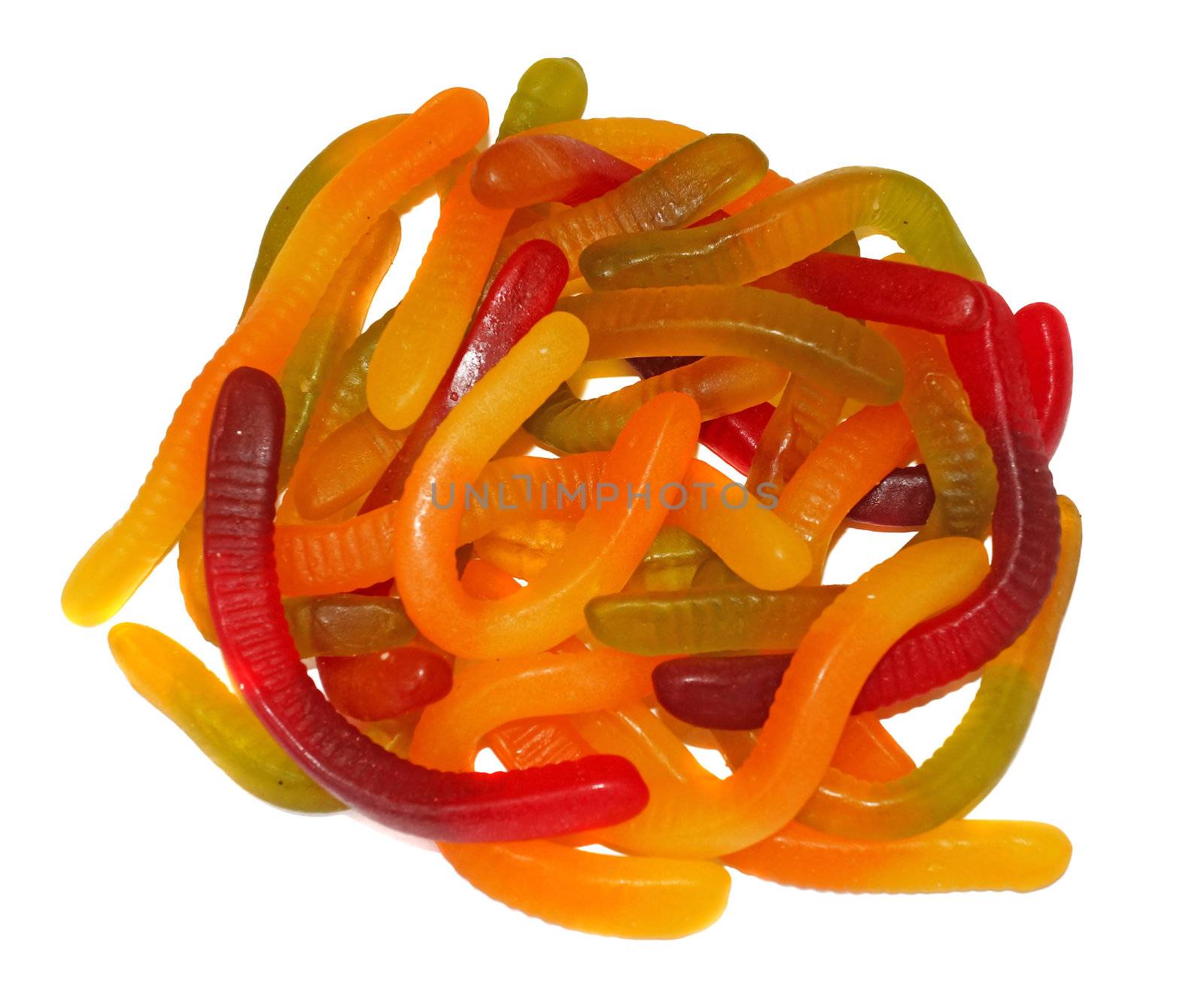 Multicolored Chewing marmalade as worms isolated