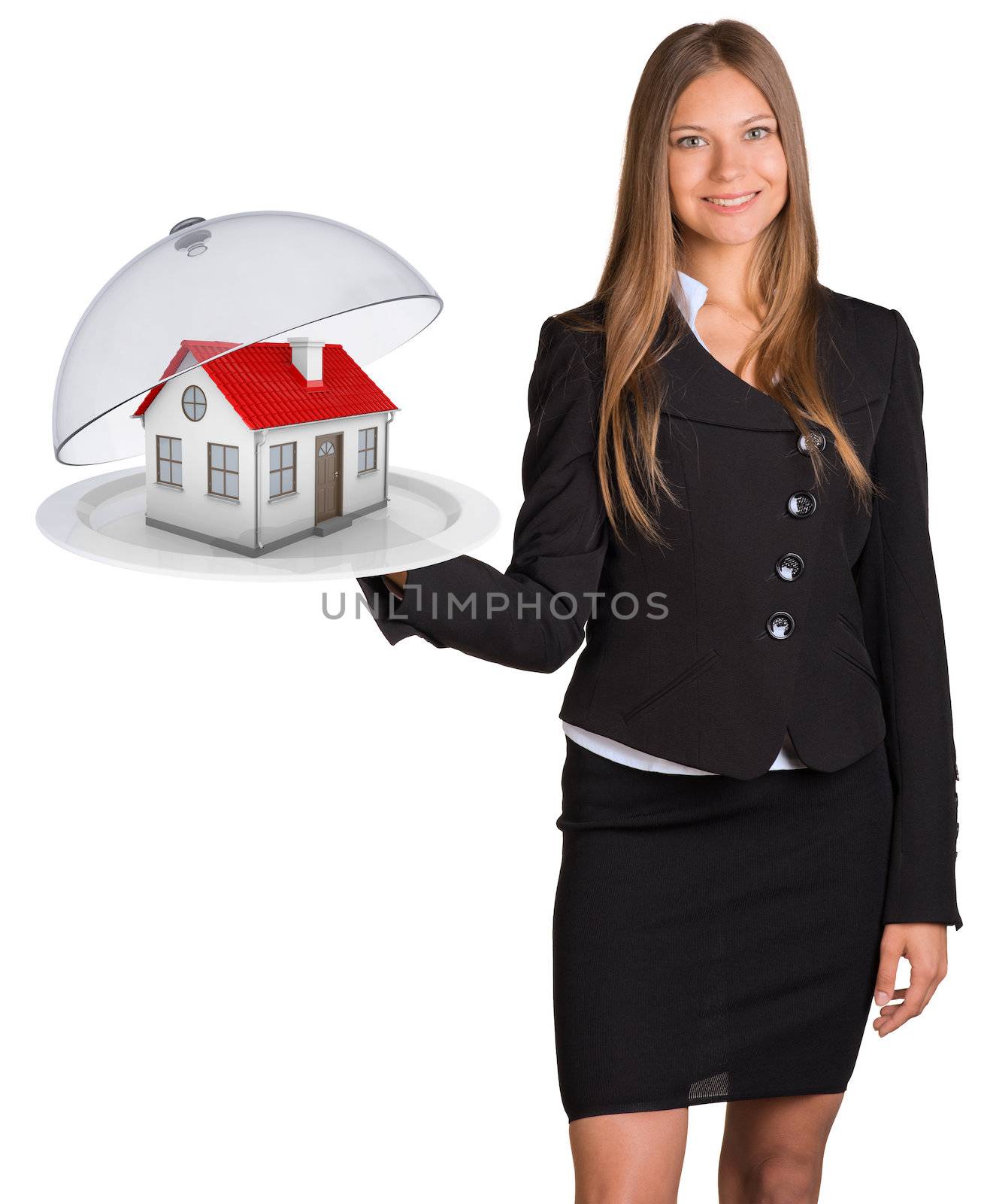 Businesswoman hold plate with small house. Isolated on white background